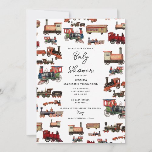 Vintage Toy Train Colorful Trains Baby Shower Invitation
