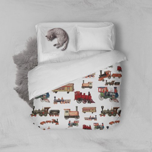 Vintage Toy Train Colorful Trains Pattern Duvet Cover