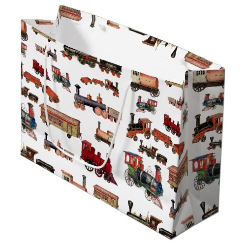 Vintage Toy Train Colorful Trains Pattern Large Gift Bag