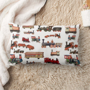 Vintage Toy Train Colorful Trains Pattern Lumbar Pillow