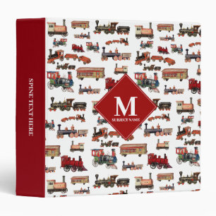 Vintage Toy Train Colorful Trains Pattern Monogram 3 Ring Binder