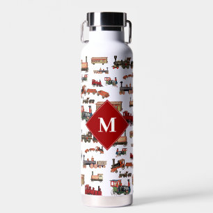 Vintage Toy Train Colorful Trains Pattern Monogram Water Bottle
