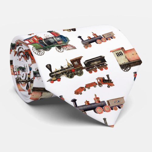 Vintage Toy Train Colorful Trains Pattern Neck Tie