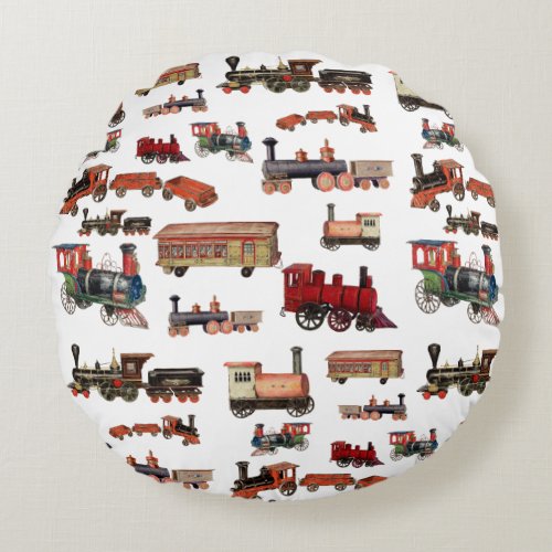 Vintage Toy Train Colorful Trains Pattern Round Pillow