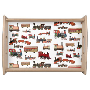 Vintage Toy Train Colorful Trains Pattern Serving Tray
