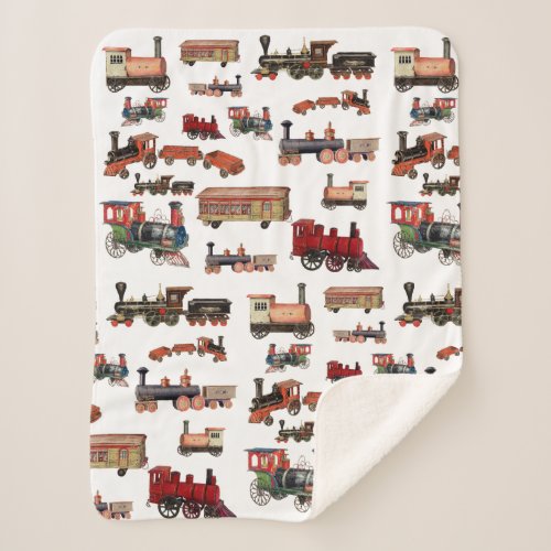 Vintage Toy Train Colorful Trains Pattern Sherpa Blanket