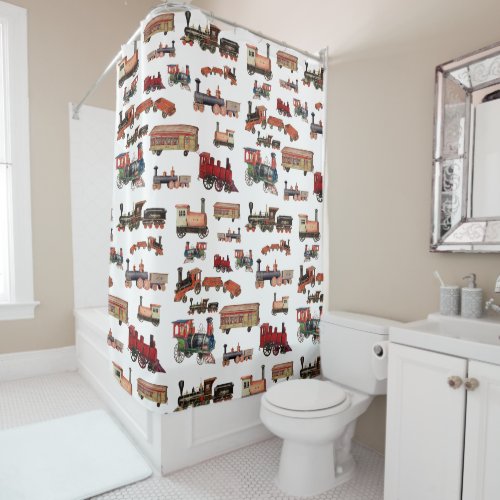 Vintage Toy Train Colorful Trains Pattern Shower Curtain