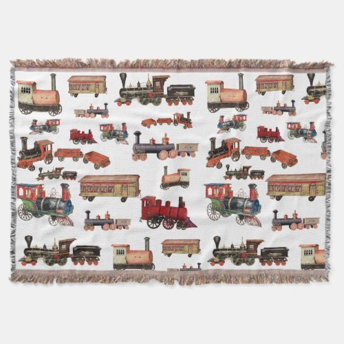 Vintage Toy Train Colorful Trains Pattern Throw Blanket