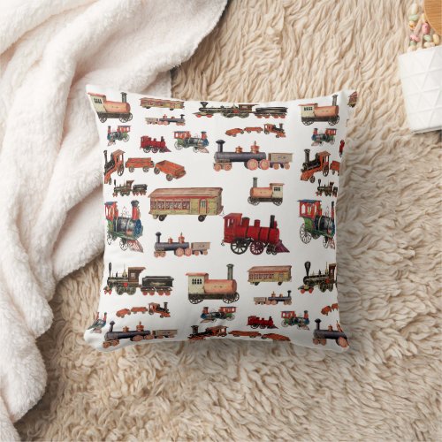 Vintage Toy Train Colorful Trains Pattern Throw Pillow