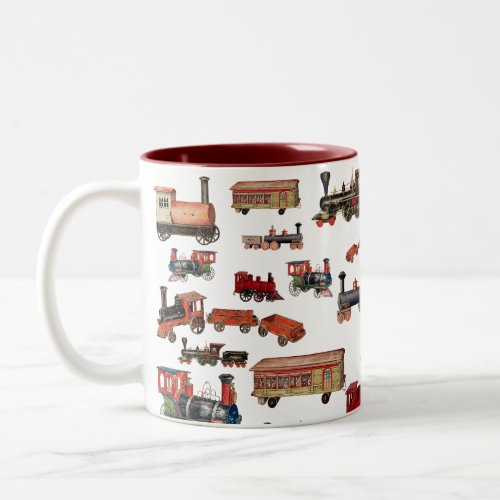 Vintage Toy Train Colorful Trains Pattern Two_Tone Coffee Mug