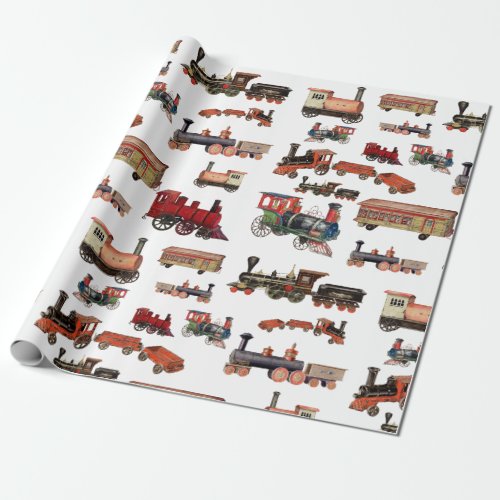 Vintage Toy Train Colorful Trains Pattern Wrapping Paper