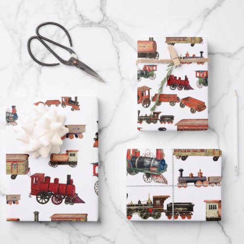 Vintage Toy Train Colorful Trains Pattern Wrapping Paper Sheets