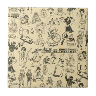 Vintage toys and playing children pattern ceramic tile