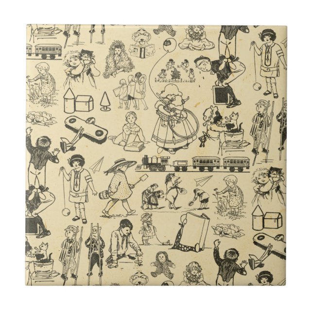 Vintage toys and playing children pattern ceramic tile (Front)
