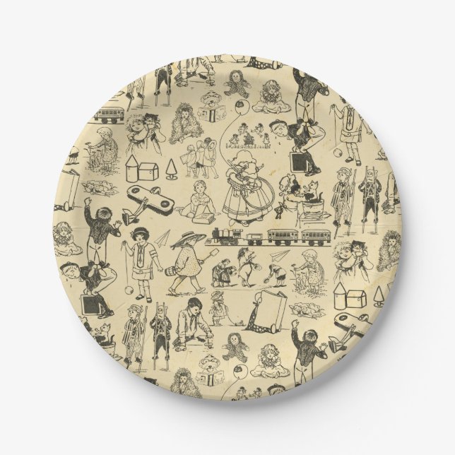 Vintage toys and playing children pattern paper plates (Front)