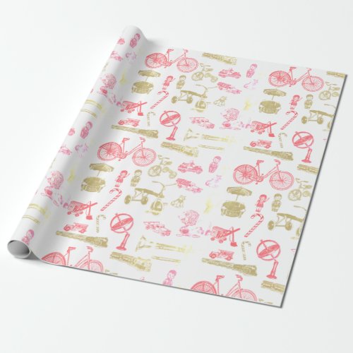 Vintage Toys Christmas Gifts Pink Green White Wrapping Paper