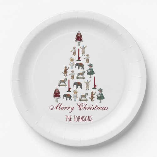 Vintage Toys Christmas Tree Red Calligraphy Paper Plates