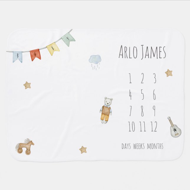 Vintage Toys Gender Neutral Milestone Baby Blanket (Horizontal)