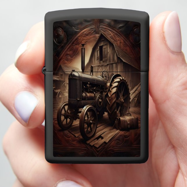 Vintage Tractor Under Rustic Barn Zippo Lighter (In Hand)