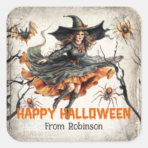 Vintage tradition watercolor cute bad witch square sticker