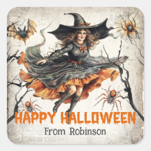 Vintage tradition watercolor cute bad witch square sticker
