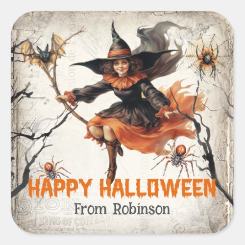 Vintage tradition watercolor cute bad witch square sticker