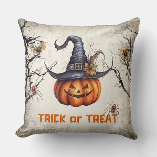 Vintage tradition watercolor spooky carved pumpkin throw pillow