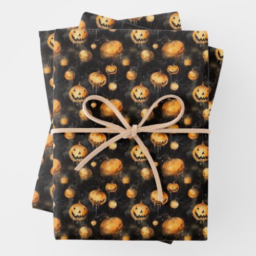 Vintage tradition watercolor spooky carved pumpkin wrapping paper sheets