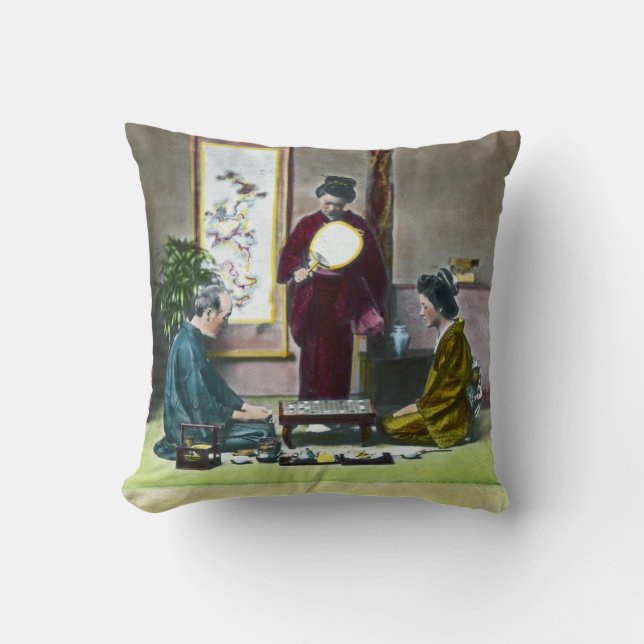 Vintage Traditional Japanese Mahjong 麻雀 Throw Pillow (Front)