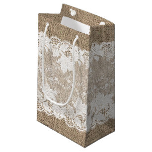 Vintage traditional rustic country burlap and lace small gift bag