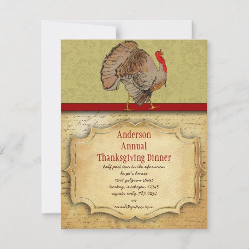 Vintage Traditional Turkey Thanksgiving Dinner Invitation