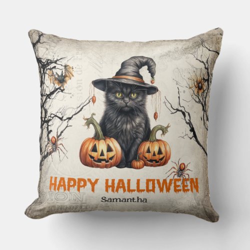 Vintage traditional watercolor spooky black cat throw pillow
