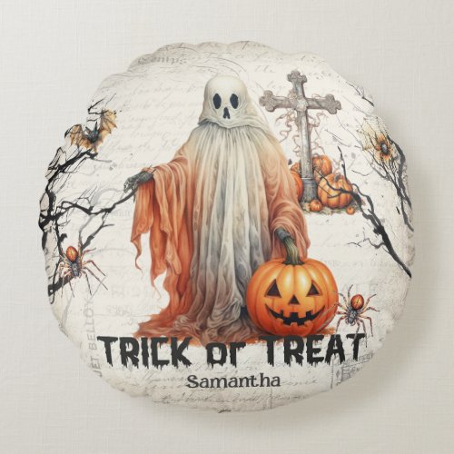 Vintage traditional watercolor spooky ghost round pillow