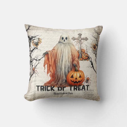 Vintage traditional watercolor spooky ghost throw pillow