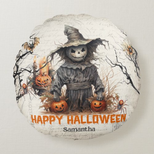 Vintage traditional watercolor spooky scarecrow round pillow