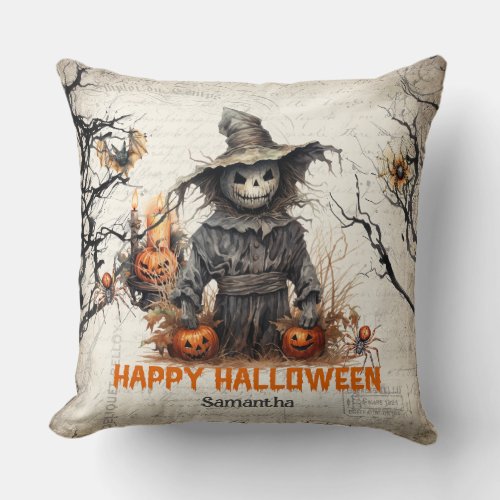 Vintage traditional watercolor spooky scarecrow throw pillow