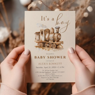 Vintage Train Boho Watercolor Baby Shower Invitation
