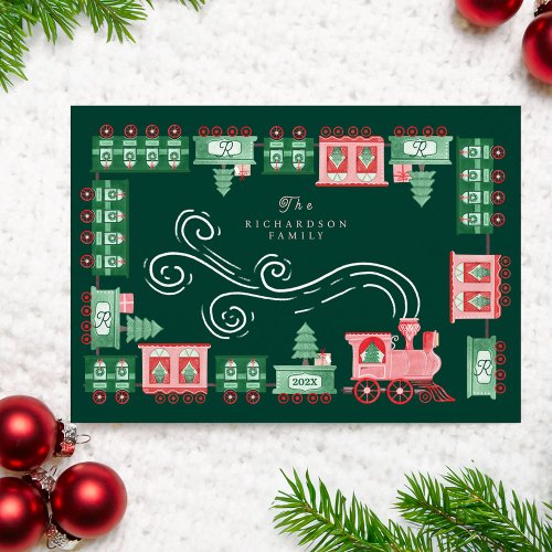 Vintage Train Christmas Tree Delivery Monogram Holiday Card