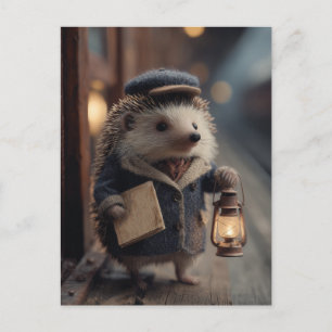 Vintage Train Conductor Hedgehog Postcard