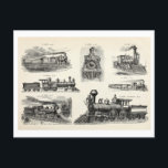 Vintage Train Illustrations Postcard<br><div class="desc">This postcard is a reproduction of a vintage illustration from the American Type Founders Company's catalog,  "The Desk Book of Type, " of available type blocks for newspapers,  books,  magazines,  etc.</div>
