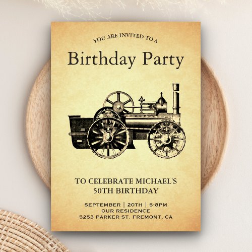 Vintage Train Locomotive Birthday Party Invitation