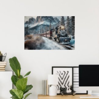 Vintage Train on Winter Tracks with Mountains