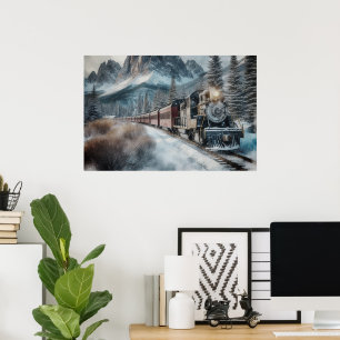 Vintage Train on Winter Tracks with Mountains Poster