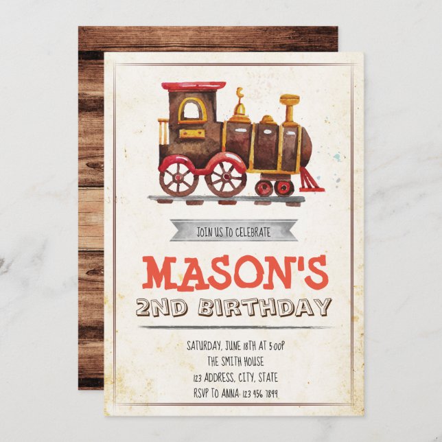 Vintage train party birthday invitation (Front/Back)