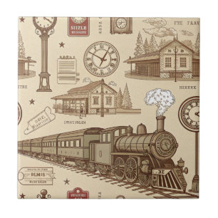 Vintage Train Station Pattern (1) Ceramic Tile