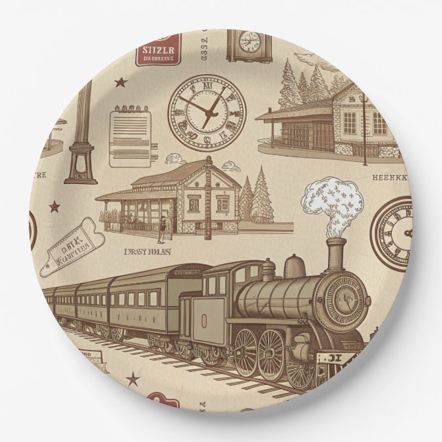 Vintage Train Station Pattern (1) Paper Plates (Front)