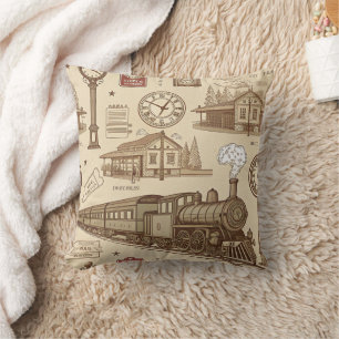 Vintage Train Station Pattern (1) Throw Pillow