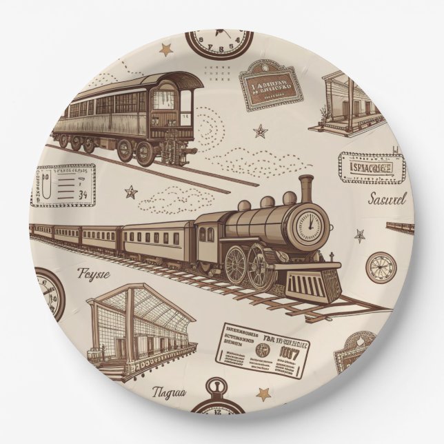 Vintage Train Station Pattern (2) Paper Plates (Front)
