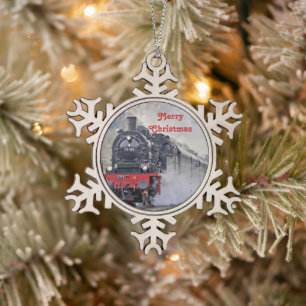 Vintage Train Steam Locomotive Photo Christmas Snowflake Pewter Christmas Ornament