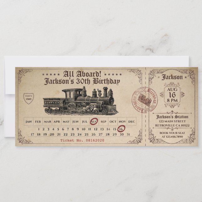Vintage Train Ticket Birthday Invitation (Front)